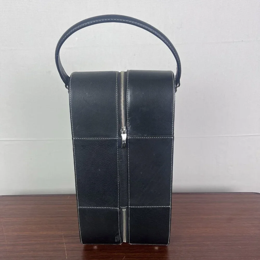 VTG Fossil Leather 2 Bottles Wine Travel Bag Case Leather Purse Handle Zipper‎